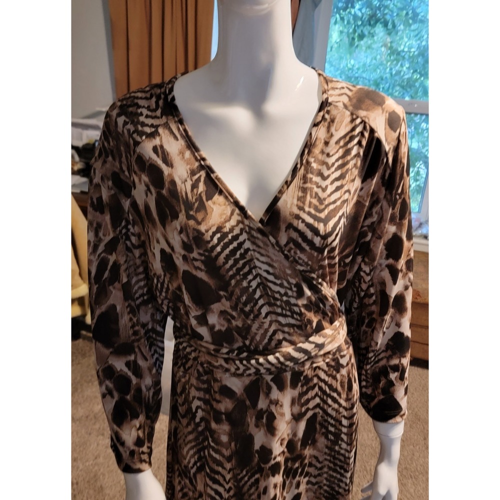 Chico's‎ Faux Wrap Dress Brown Leopard Animal Print Size 3 XL Stretch With Belt